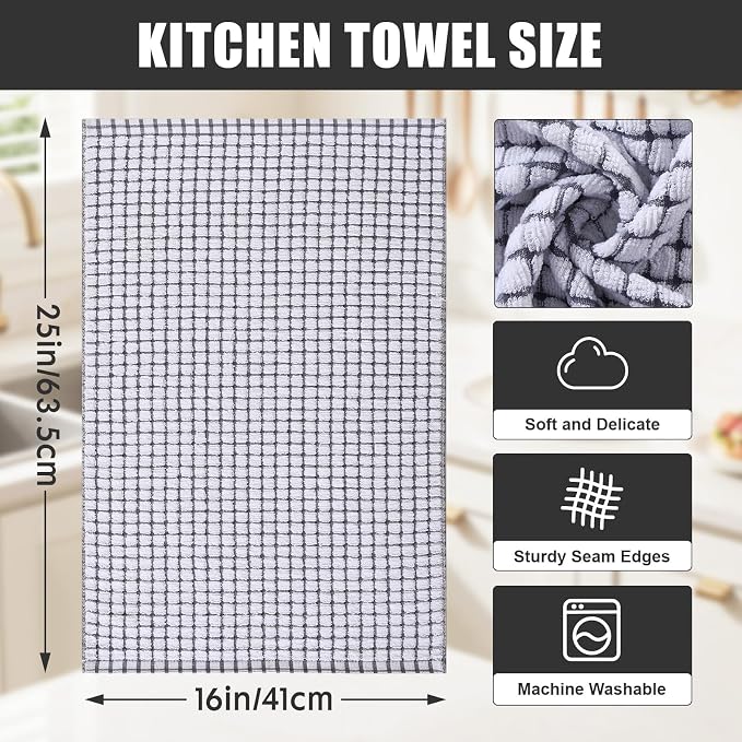 Mordimy Cotton 8 Pack Terry Kitchen Towels, 16 x 25 Inches | Super Soft and Absorbent Dish Towels, Quick Drying Hand Towels for Kitchen Drying, Black/Grey/Pink/Brown