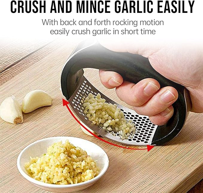 Garlic Press Rocker, Stainless Steel Garlic Mincer Crusher Professional Kitchen Gadgets Garlic Chopper with Ergonomic Handle, Silicone Garlic Peeler