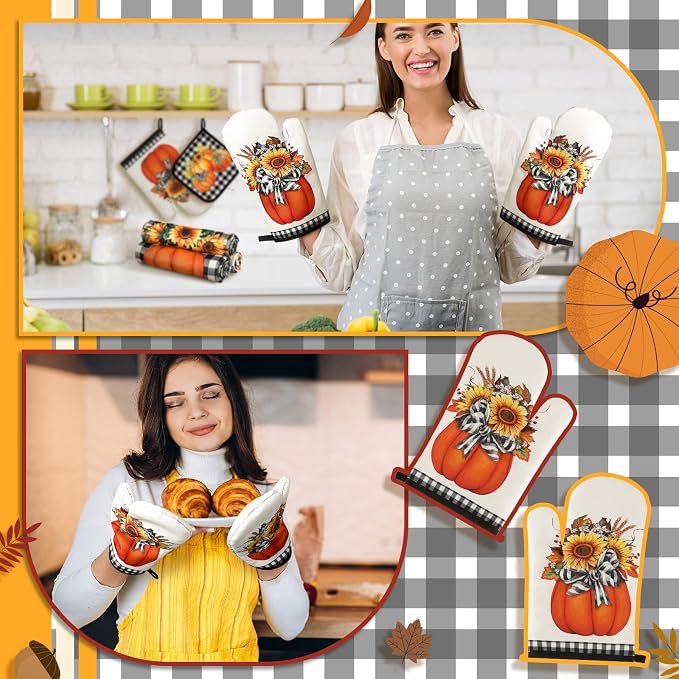 Fanfanwin 10 Pcs Fall Pumpkin Kitchen Decor Set Pumpkin Kitchen Rugs Towels Pot Holders Oven Mitts for Autumn Thanksgiving Decor for Baking Cooking BBQ Home