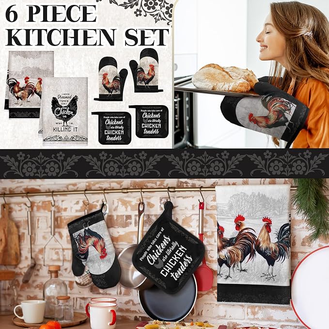 Bencailor 6 Pcs Rooster Chicken Kitchen Decor Rooster Kitchen Towels Chicken Pot Holders and Oven Mitts Sets 2 Farmhouse Gray Cooking Mittens for Cooking Grilling Supply Accessories