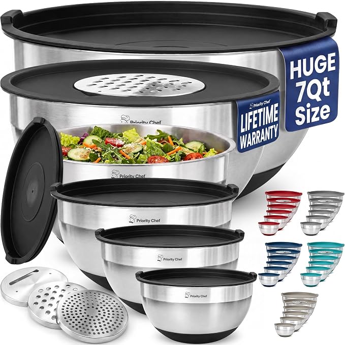 Priority Chef 6pc Stainless Steel Mixing Bowls with Lids Set, 7 Qt, Black | Non-Slip Nesting Bowls, 3 Graters and Interior Measurement Marks; For Meal Prep, Baking and Airtight Fridge Storage