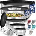 Priority Chef 6pc Stainless Steel Mixing Bowls with Lids Set, 7 Qt, Black | Non-Slip Nesting Bowls, 3 Graters and Interior Measurement Marks; For Meal Prep, Baking and Airtight Fridge Storage