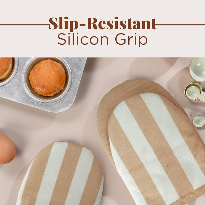 Folkulture Oven Mitts, Striped Cream, Set of 2, Heat Resistant - (5.75"x9") | 100% Cotton, Non Slip, Silicone, Cute Striped Mini Mits with Hanging Loop, Kitchen Décor, Cooking Gifts, New Home Essentials