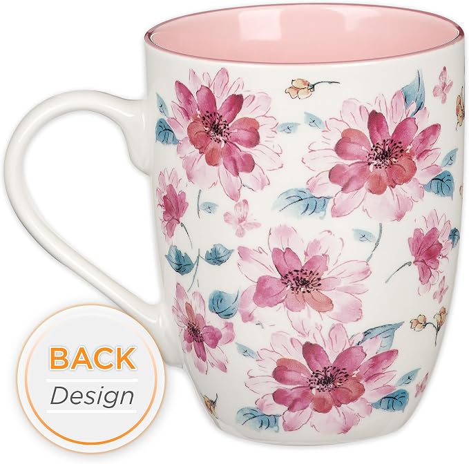 Christian Art Gifts Inspirational Ceramic Coffee & Tea Mug for Women: Strength & Dignity Encouraging Bible Verse Proverb, Microwave & Dishwasher Safe, White, Pink & Fuchsia Floral, 12 oz. (Pack of 2)