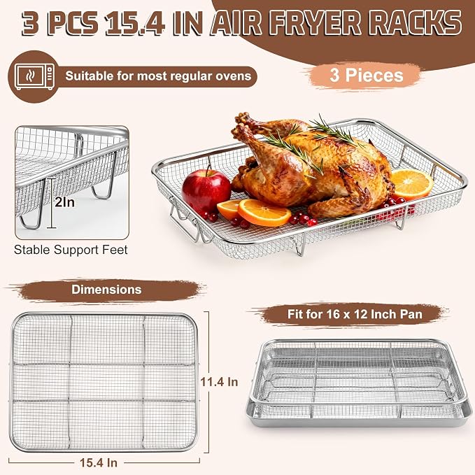 P&P CHEF 15.4 Inch Air Fryer Basket for Oven, Air Fryer Rack, 3 Pieces | Food-grade Stainless Steel Air Fryer Accessories for Frying Cooking Baking Roasting, Ideal for Fried Food, Dishwasher Safe