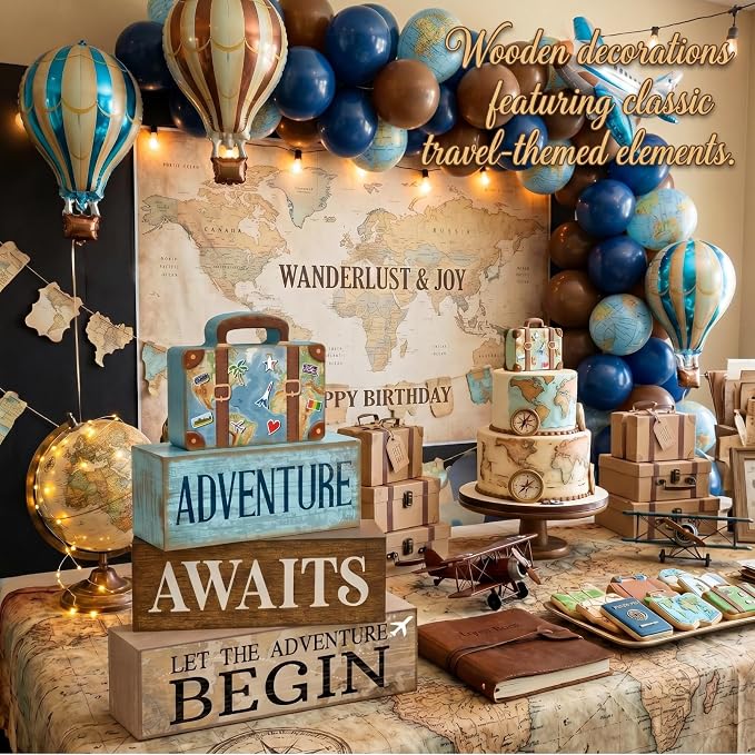 Lineshading Pcs Travel Party Decoration Vintage Adventure Await Table Decor | Stackable Rustic Decor, Bon Voyage Party Centerpiece, Luggage Design, Tiered Tray Decorations, Travel Retirement Gift