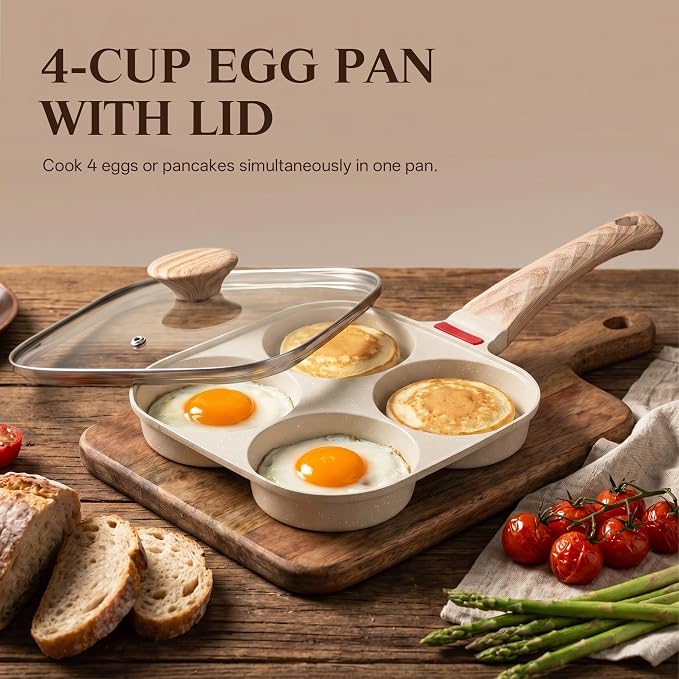 Egg Pan with Lid 4 Cup Nonstick Egg Frying Pan Omelette Skillet | Aluminum 4-Hole Omelette Pan with Glass Lid, Spatula, and Silicone Brush. Works for Breakfast Eggs, Bacon, and Mini Pancakes.
