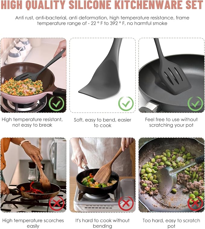 Gray Kitchen Utensils Set-12 Pieces Silicone Cooking Utensils Set | Dishwasher Safe 392°F Heat Resistant Spatula Set Kitchen Utensil Set for Nonstick Cookware,Best Kitchen Tools with Holder