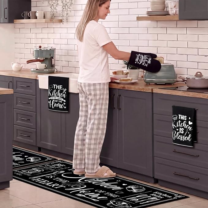 Fourluoo 16 Pcs Kitchen Decor Set, Farmhouse Kitchen Towels and Dishcloths Black White Quote Non Slip Rugs Mats for Floor Oven Mitts and Pot Holders Placemats Curtains Set for Home Decor Gift