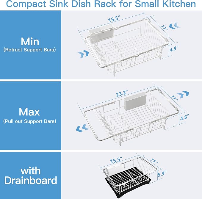 JASIWAY White Dish Drying Rack in Sink with Drainboard and Utensil Holder | Use Over the Sink or Counter, Stainless Steel Expandable Dish Drainer for Small Kitchen, Space Saving, Fast Drain, Rustproof