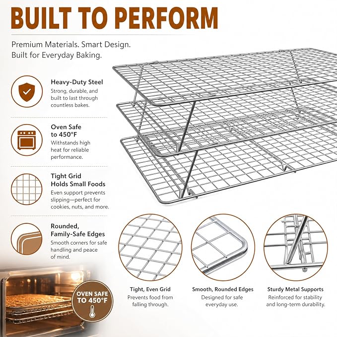 Cooling Rack 16"x10", 3-Tier Stackable & Collapsible Cooling Racks | Cooling Racks for Cooking and Baking, Roasting, Grilling, Oven & Dishwasher Safe (Silver, 3-Tier-SL)