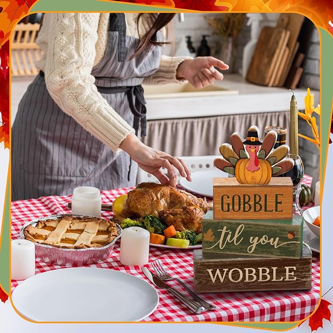 Lineshading Wooden Turkey Thanksgiving Decor Gobble Fall Table Sign Rustic | Stacked Blocks with Wobble Phrase, Rustic Farmhouse Style for Tiered Tray Centerpiece, Harvest Autumn Kitchen Table Accents