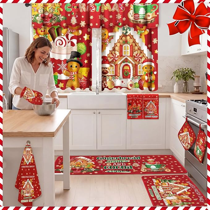13 Pcs Gingerbread Man Kitchen Set, Towel Rug Valance Mitts | Nonslip Rugs and Mats, Festive Valance with Baking Decor, Pot Holders Included, Gingerbread Theme Design, Holiday Cooking