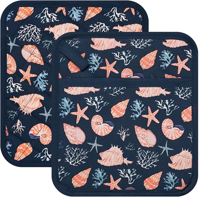 Pot Holders Set of 2 Heat Resistant 480℉ Kitchen 100% Cotton | Comfortable Lining Printing Cowry Flower Women Men Home Cooking Baking Microwave BBQ Gift (Cowry potholders)
