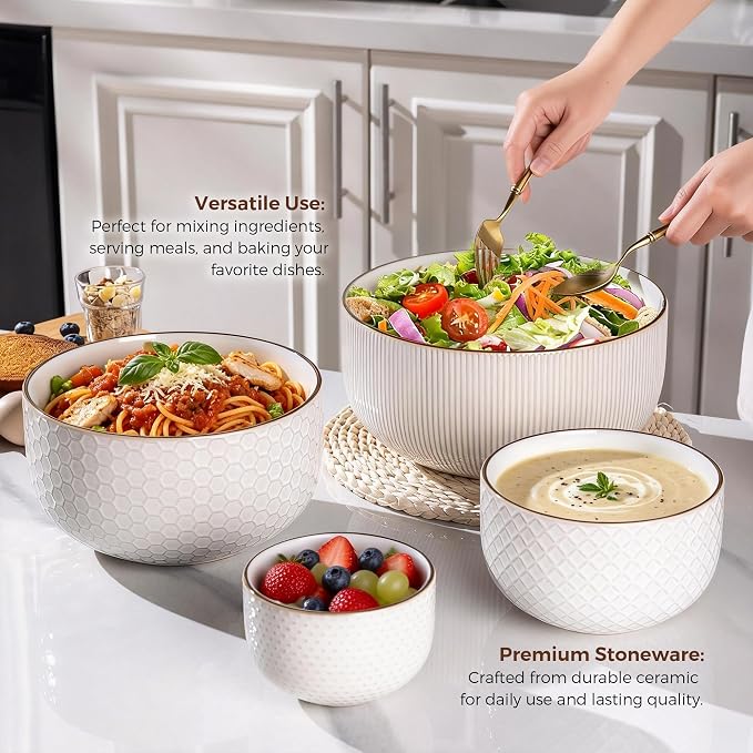 GBhome Ceramic Mixing Bowls Set of 4, Stoneware Nesting Serving Bowls | 150/105/45/20 oz For Prep, Baking, Serving, Gift, Microwave and Dishwasher Safe, Embossed Dishware Collection-Off White