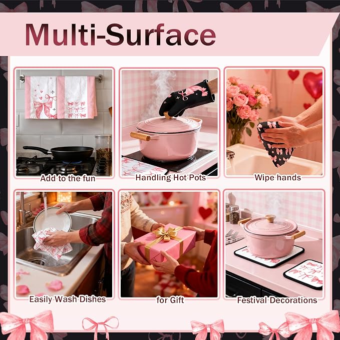 8 Pcs Cute Pink Bow Kitchen Towels and Dishcloths Sets Oven Mitts Pot Holders Set Mother's Day Absorbent Decor Accessories Gloves Potholders Heat Resistant for Chef Baking Cooking Home Gifts