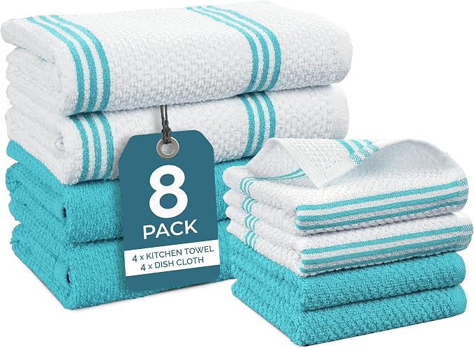 Casa Platino Kitchen Towel Set 8 Pc - 4 Dish Cloths (13"x13") & 4 Dish Towels (16"x26") - Soft, Absorbent & Quick Dry Cleaning Cloths, Hand Towels for Kitchen & Wash Rags for Absorbing Spills - Aqua.