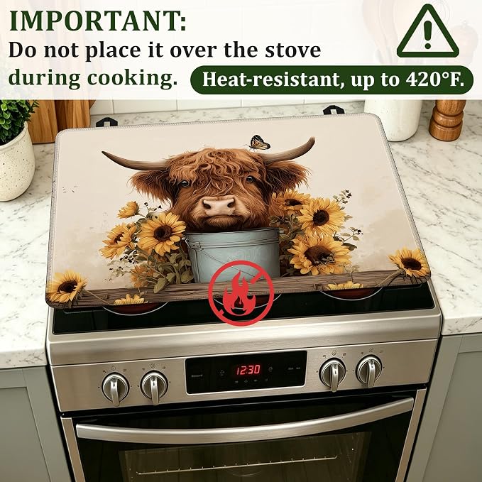 Highland Cow Sunflower Farmhouse Stove Top Cover for Electric Stove 28.5"x 20.5",Heat Resistant Glass Top Stove Cover Protector, Glass Cooktop Covers,Kitchen Flat Electric Stove Top Covers