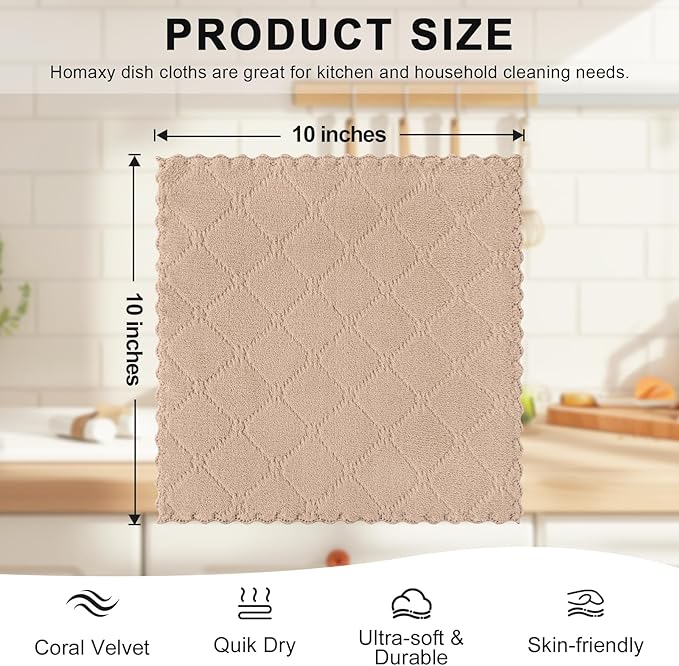 Homaxy 12 Pack Super Soft Absorbent Dish Cloths, 10" x 10", Tan | Coral Velvet, Nonstick Oil Fast Drying Microfiber Cleaning Cloth, No Lint Household Dishcloths