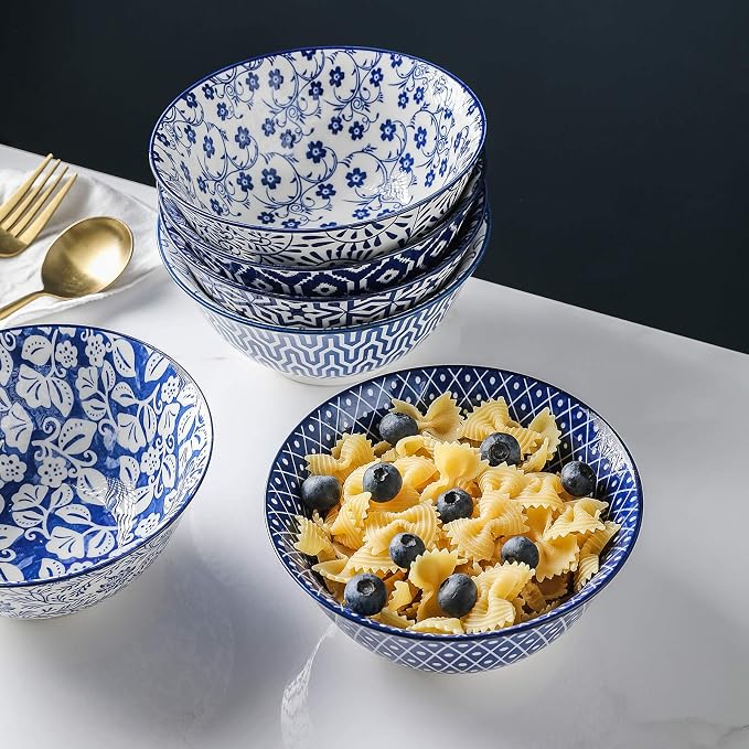 Selamica Blue and White Porcelain 20oz Cereal Bowl Set - Set of 6, 6 inch Soup Bowls, Ceramic bowls for Cereal, Soup, Salad and Pasta, Vintage Blue | Ceramic bowls for Cereal, Soup, Salad and Pasta