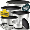 Stainless Steel Mixing Bowls with Lids Set of 5, 3 Graters, Black | Nesting Design with Airtight Covers & Non-Slip Base – Mirror Finish for Food Prep, Storage, Baking & Serving