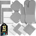 Oven Mitts Kitchen Towels and Dishcloths with Pot Holders Sets, Oven Gloves Hot Pads 500°F Heat Resistant with Silicone Grip, Include 2 Cooking Gloves/2 Potholders/4 Kitchen Towels/4 Dish Towels-Gray