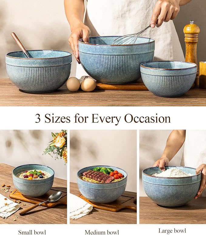 GBhome Ceramic Mixing Bowls Set of 3, Stoneware Nesting Serving Bowls, | 45/90/150 oz For Prep, Baking, Serving, Gift, Microwave and Dishwasher Safe, Ribbed Dishware Collection,Ceylon Blue