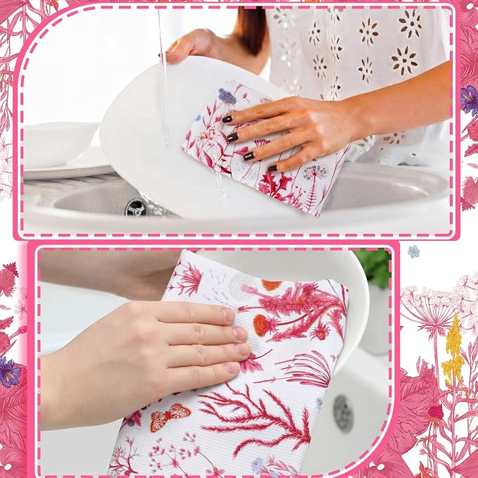 4 Pcs Wildflower Kitchen Towels, Pink and White Hand Dish Cloths | Fast Drying Absorbent Decorative Floral Daisy Wildflower Tea Towels, Housewarming Gift for Kitchen Cooking Baking Bathroom
