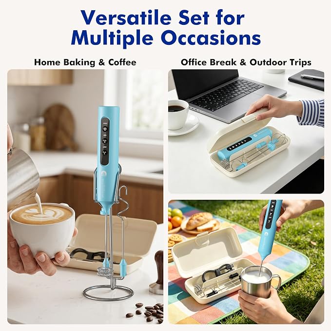 Rechargeable Milk Frother with Stand, 4 Interchangeable Whisks & Travel Case – Handheld Mixer for Lattes, Matcha, Hot Chocolate, Eggs & Protein Shakes
