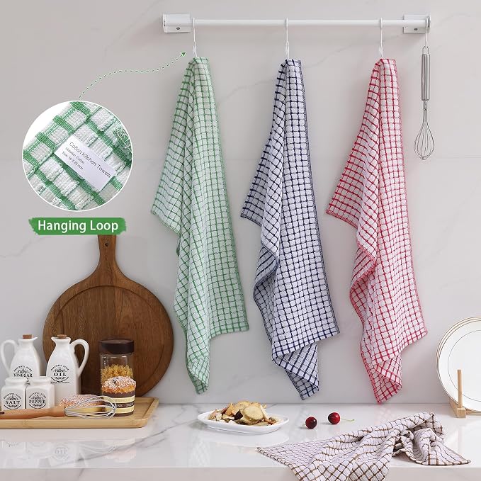 Mordimy Cotton 12 Pack Terry Kitchen Towels, 16 x 25 Inches | Super Soft and Absorbent Dish Towels, Quick Drying Hand Towels for Kitchen Drying, Red/Blue/Yellow/Green/Pink/Brown