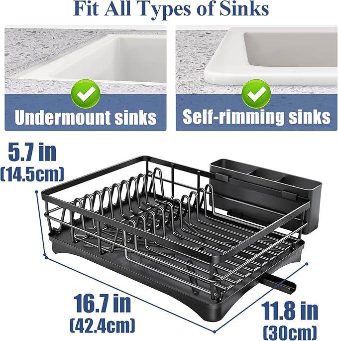 SNTD Dish Drying Rack for Kitchen Counter, 11.8" W x 16.7" L, Black | Rustproof Stainless Steel, Large Capacity, Self-Draining Drainboard, Rotating Spout, Removable Utensil Holder