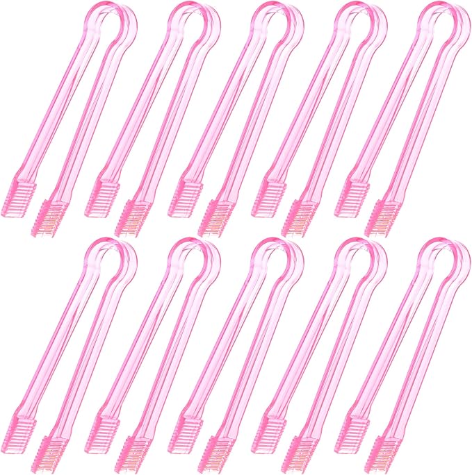 10 Pcs Plastic Buffet Serving Tongs, Clear Pink Kitchen Tongs Mini Serving Utensil Tongs for Food Ice Salad Buffet Barbecue Cookies, 6.3 Inches