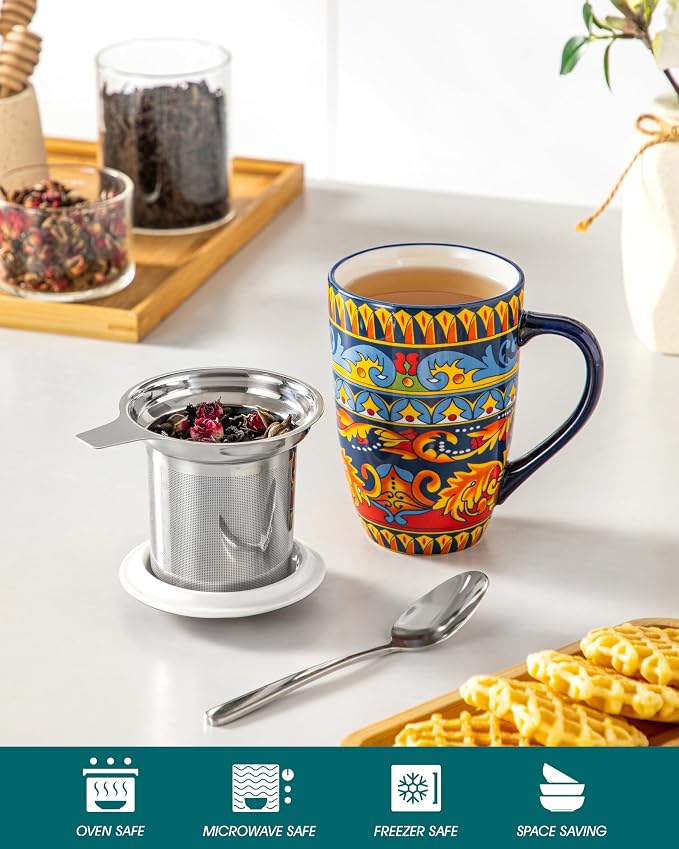 vancasso 18 Oz Tea Infuser Mug with Lid, Midnight Peacock | Eye-Catching Bohemian Pattern, Adds Charm to Any Tea Corner, Ceramic Mug with Infuser, Microwave and Dishwasher Safe
