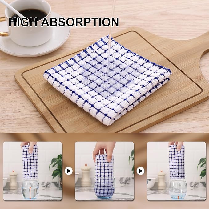 Kitinjoy Cotton 12 Pack Terry Kitchen Dish Cloths, Blue | 12 x 12 Inches Super Soft and Absorbent Dish Rags, Quick Drying Dish towels for Washing Dishes