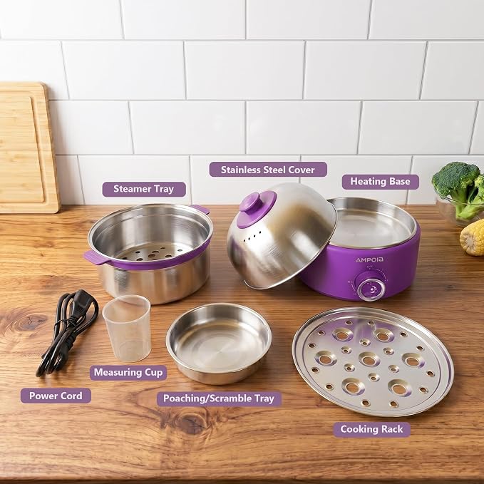 14 Eggs Electric Egg Cooker, 350W Rapid Egg Boiler with 30-Min Timer & Auto Shut-Off, Stainless Steel, Dishwasher Safe for Soft, Medium, Hard Boiled, Steamed Eggs, Vegetables & Seafood, Purple