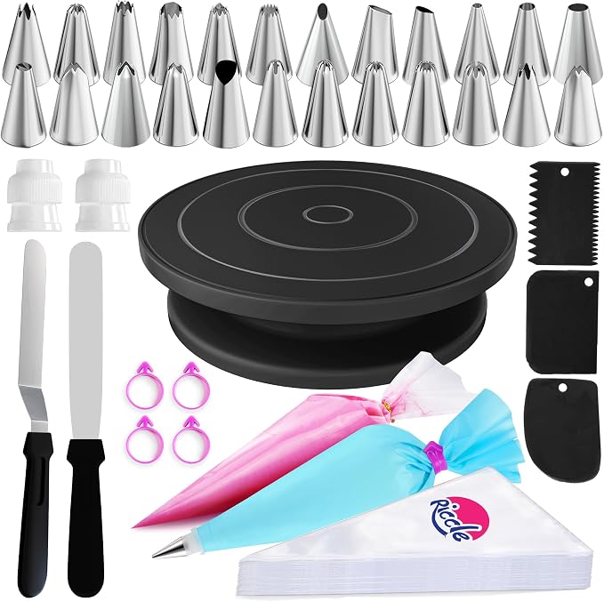 88 pcs Cake Decorating Kit with Blue Cake Turntable - Includes 50 Disposable + 2 Reusable Piping Bags and Tips Set, 24 Icing Piping Tips, 2 Spatulas, 3 Icing Comb Scraper (Black)