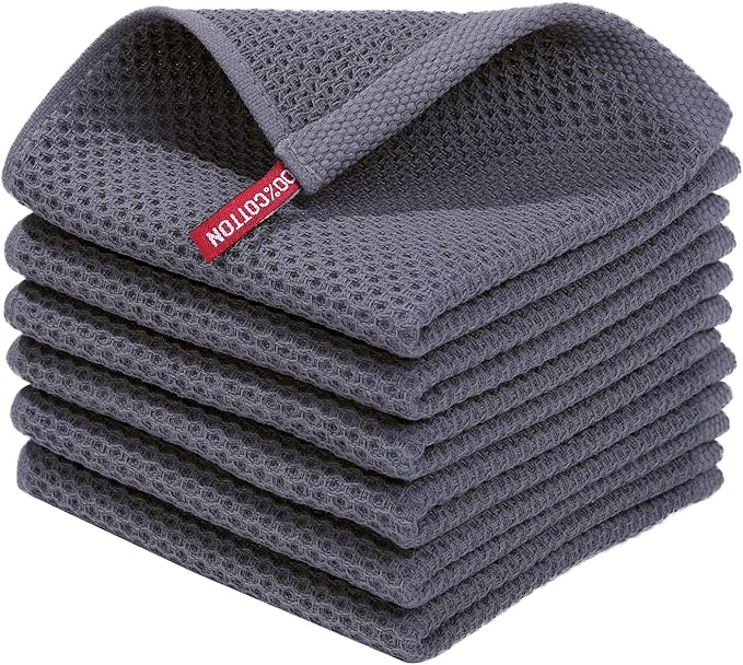 Homaxy 100% Cotton Waffle Weave Kitchen Dish Cloths 6-Pack, Dark Grey | 12 x 12 Inches, Ultra Soft Absorbent Dish Towels, Quick Drying Dish Rags with Hanging Loop
