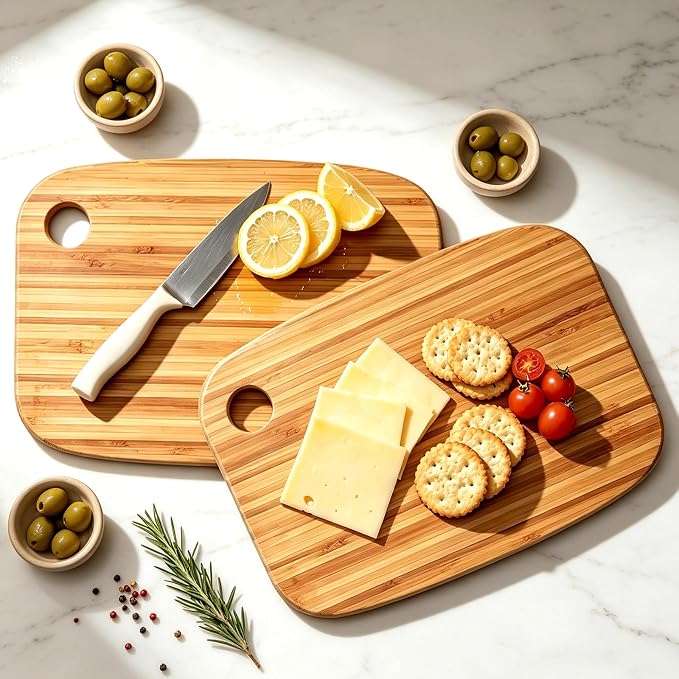2 Pcs Small Bamboo Cutting Boards Set for Kitchen with Hanging | Mini Bamboo Cutting Board Set of 2 for Vegetables, Fruit, Bread, Meat - BPA Free, 9" x 6.5"