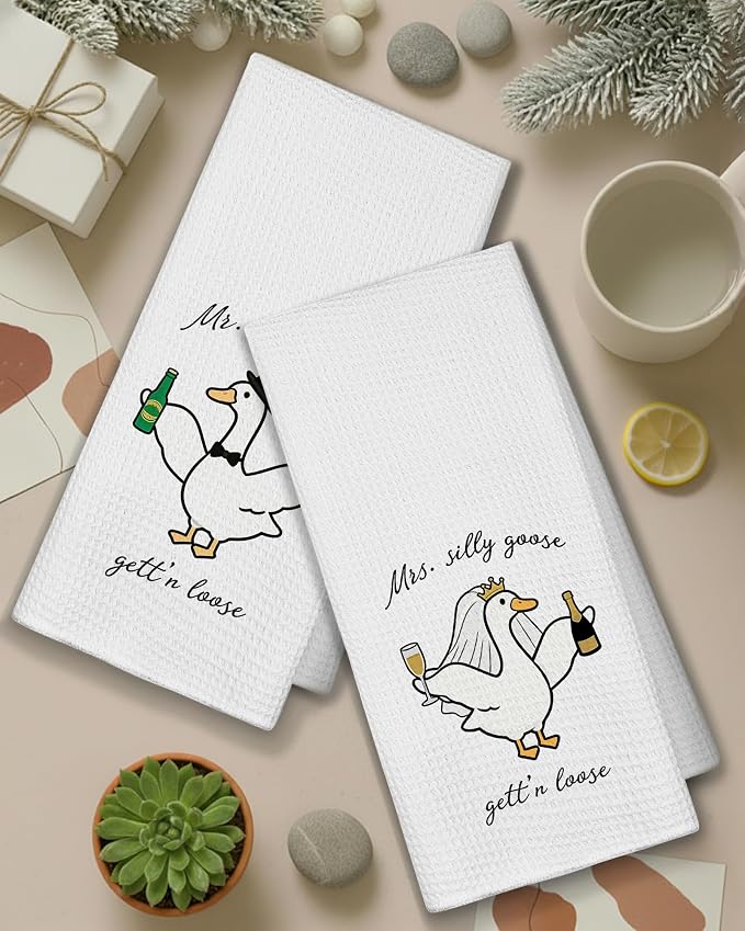 Funny Goose Kitchen Towels, Bachelorette Party Gifts Dish Tea Towels for Kitchen Decor, Engagement Newly Engaged Gifts for Couples Decorative Hand Towel for Bathroom, 16x24 Inch Set of 2