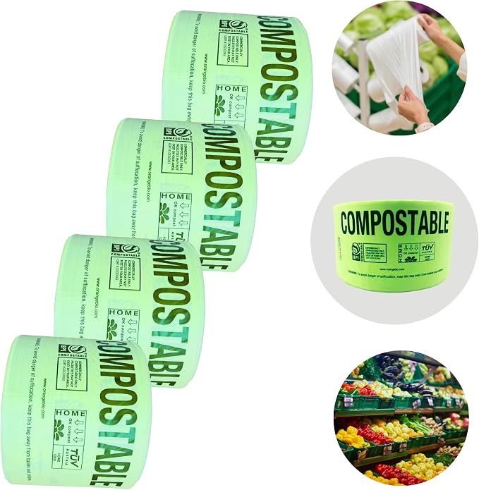 OrangeBio Compostable Produce Bags, 15 x 18 Inches, 1000 Count (250 Bags/Roll, 4 Rolls/Box), Holds Up to 20 lbs, BPI Certified ASTM D6400 & TÜV OK Compost Home Certified