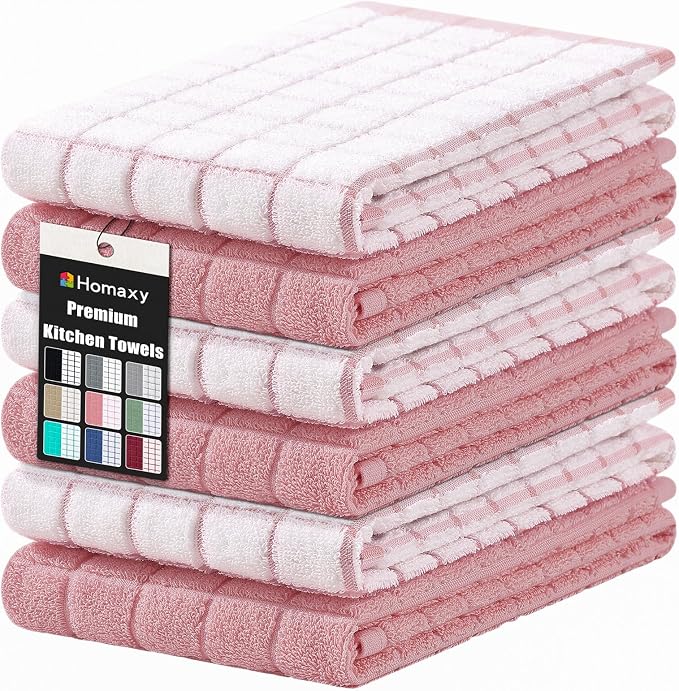 Homaxy Large Premium Cotton Kitchen Towels 16"x 28", 6 Pack, Rose | Natural Ring Spun 390 GSM Dish Towels, Super Absorbent Terry Kitchen Hand Towels, Soft Tea Towels with Hanging Loop