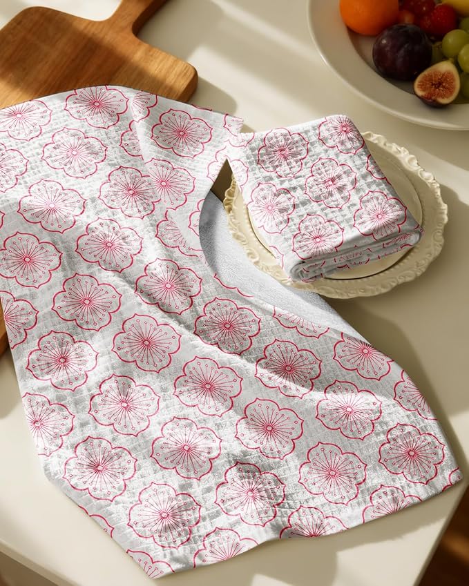 370GSM Cotton Waffle Kitchen Towels, Sakura | Pure Cotton, Sustainable, Waffle Weave, Terry Cloth, Highly Absorbent, Decorative, 16"x25", with Hanging Loop