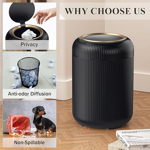 Motion Sensor Bathroom Trash Can with Lid,Black and Gold Garbage Can | 3 Gallon Automatic Bathroom Garbage Cans,Black Garbage Bin,Touchless Sensor Trash Bin,Small Waste Basket for Bedroom,Office