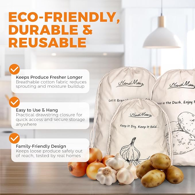 3-Pack Cotton Storage Bags for Potato, Onion & Garlic – Reusable Drawstring Produce Bags – Breathable, Eco-Friendly, Washable – 2 Large (40×30 cm) + 1 Small (25×20 cm)