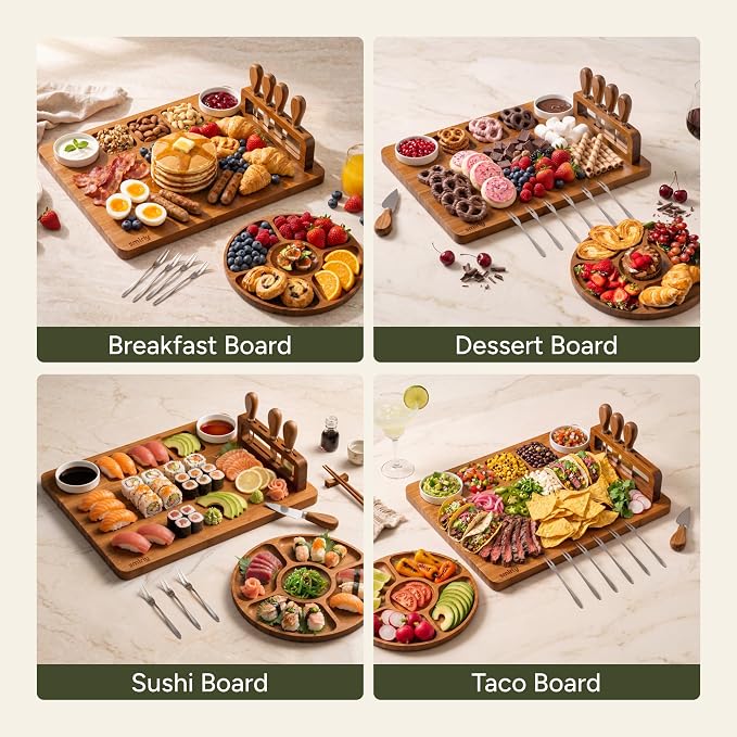 SMIRLY Charcuterie Boards Set, Cheese Board with Accessories, Brown Bamboo | House Warming Gifts, Wedding Gifts for Couples, Bridal Shower Gifts, Magnetic Holder for 4 Cheese Knives, Fruit Tray