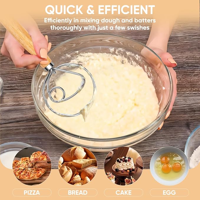 Maxjoy Danish Dough Whisk, Stainless Steel Wooden Bread Tool for Sourdough | Wooden Handle Dutch Dough Hook, Replaces Mixer and Spoon for Sourdough Pastry Pizza, Food Safe, Rust Resistant, Easy Clean