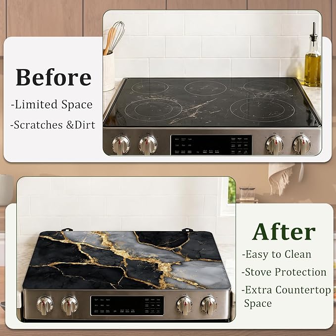 Stove Top Cover Black Gold Marble 28.5x20.5Inch for Electric Stove, Heat Resistant Silicone Cooktop Protector,Glass Stove Cover Mat,Anti Scratch Countertop Protector