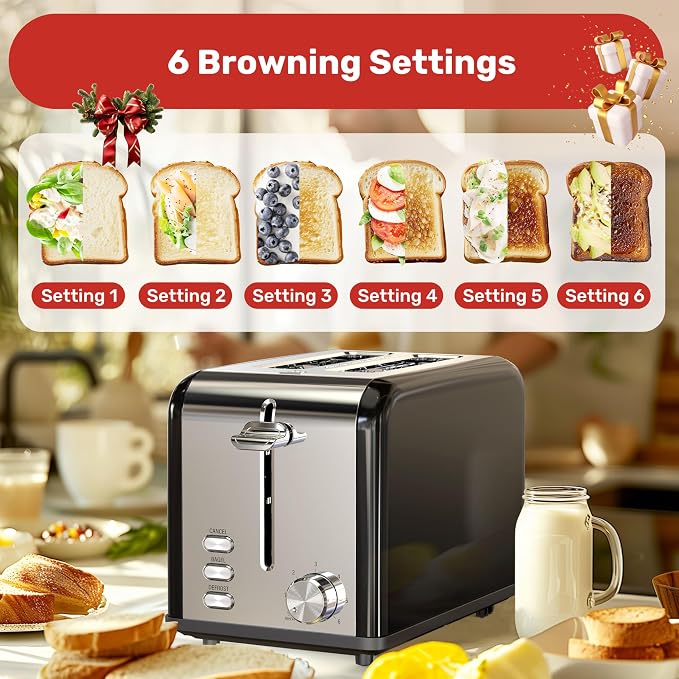 YSSOA Stainless Steel Toaster 2 Slice with Extra Wide Slot & Removable Crumb Tray, 6 Shade Settings and Bagel/Defrost/Cancel Functions, Compact Oven, for Various Bread & Waffle, Black (Pack of 1)