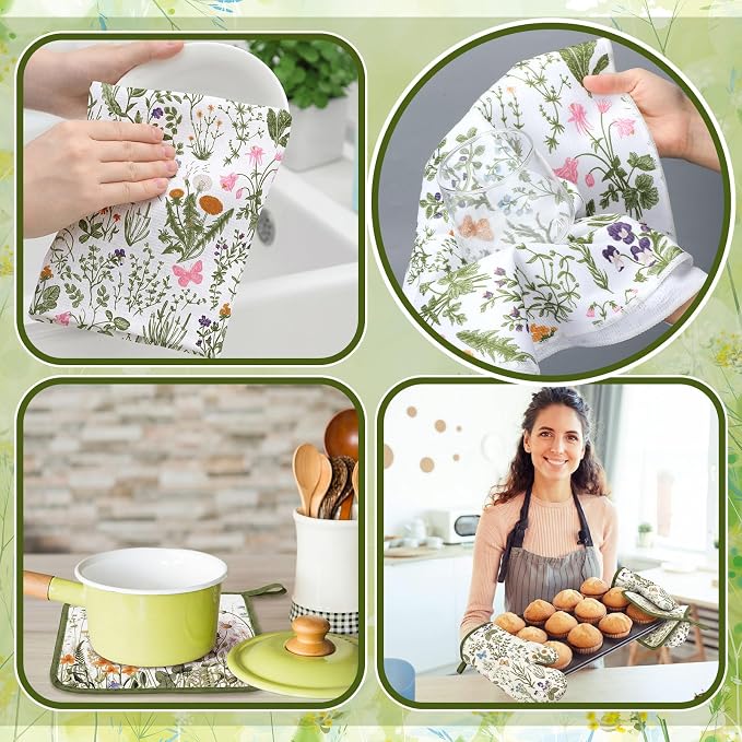 Fourluoo 10 Pcs Wildflower Kitchen Decor Set Grass Dish Towels Kitchen Rugs Oven Mitts and Pot Holders for Cooking Baking Grilling Women Mom Gift