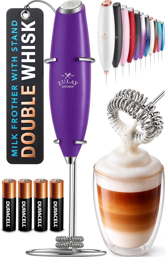 Zulay Kitchen Powerful Milk Frother Wand With Duracell Batteries - Ultra Fast Handheld Drink Mixer - Electric Whisk Foam Maker for Coffee, Lattes, Cappuccino & Matcha - Double Whisk - Purple
